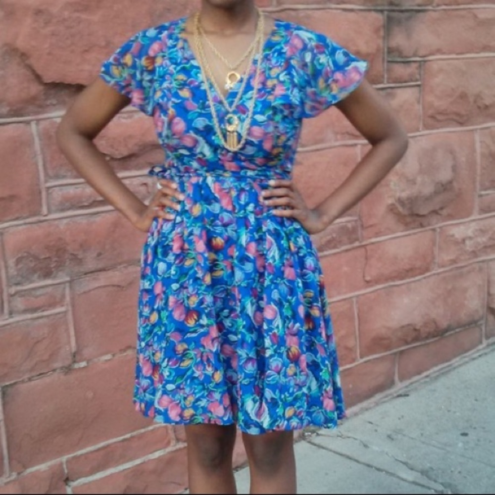 Anthropology blue floral summer tea dress sz XS (DR3)